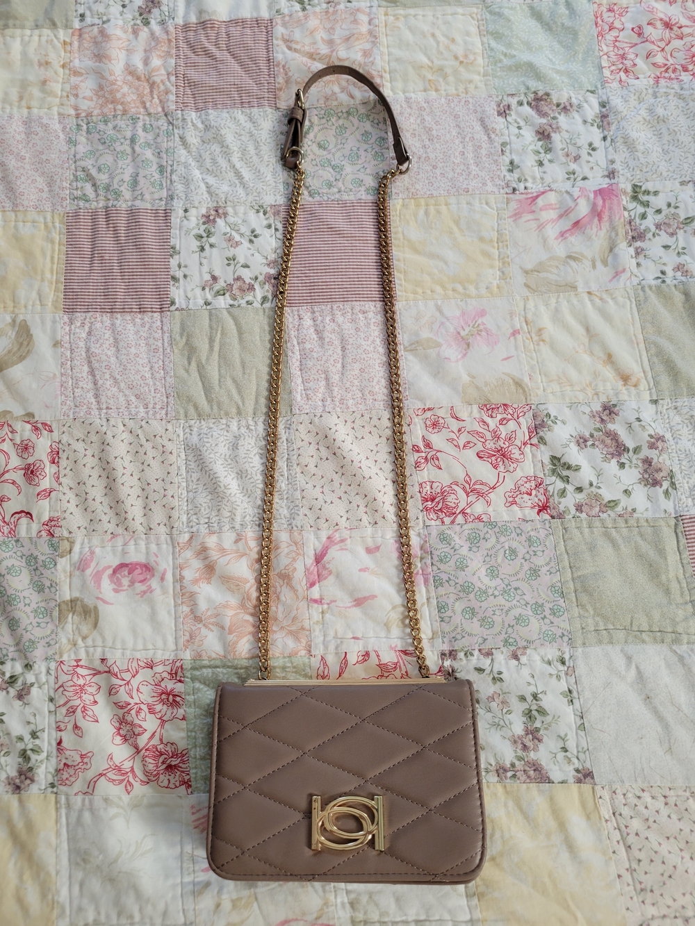 bebe Quilted Taupe Crossbody Bag with Gold Chain